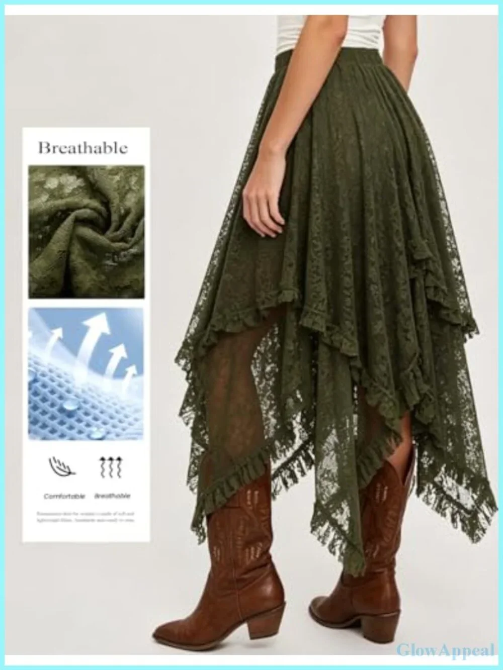 Womens Floral Lace Maxi Skirt Asymmetrical Boho Ruffle Hem Elastic Waist Sheer